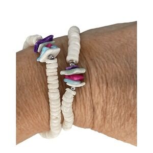 Vintage Pukka Shell Bracelet Set Chunky Seashell White Green Pink Purple Beach